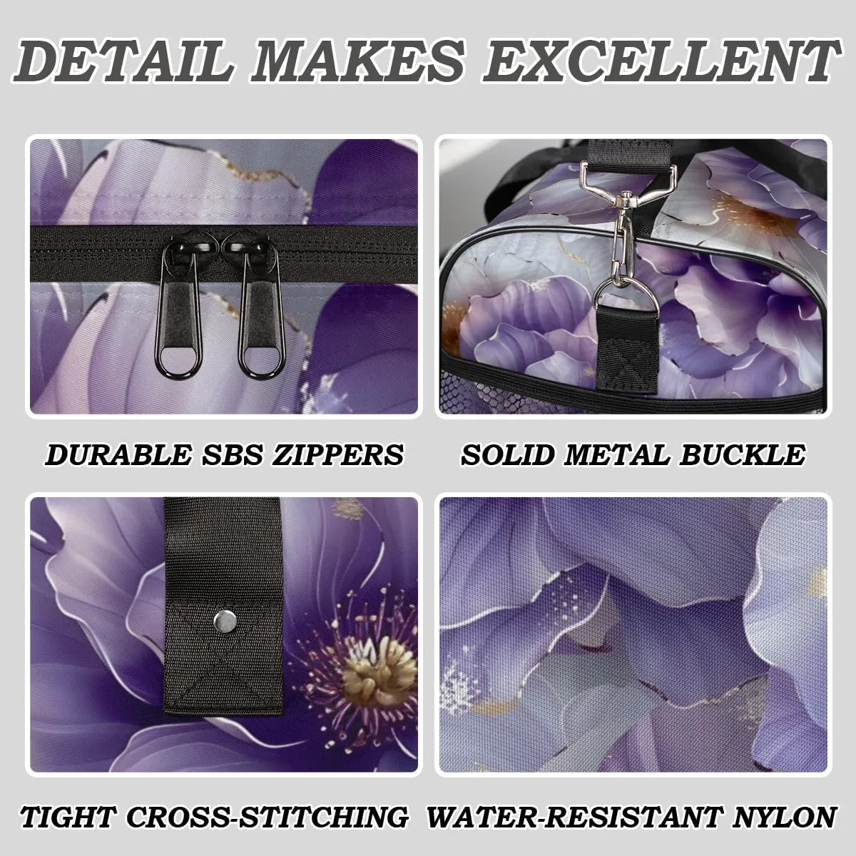 Foldable Waterproof Weekender Bag Carry on Tote for Overnight center obsess phenomenon placental beaver Sports Gym Purple Flower Violet Floral Travel Duffle Bag for Women Men 