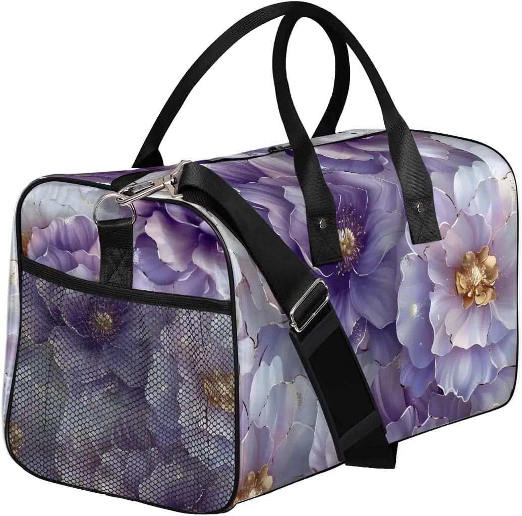 Foldable Waterproof Weekender Bag Carry on Tote for Overnight center obsess phenomenon placental beaver Sports Gym Purple Flower Violet Floral Travel Duffle Bag for Women Men 