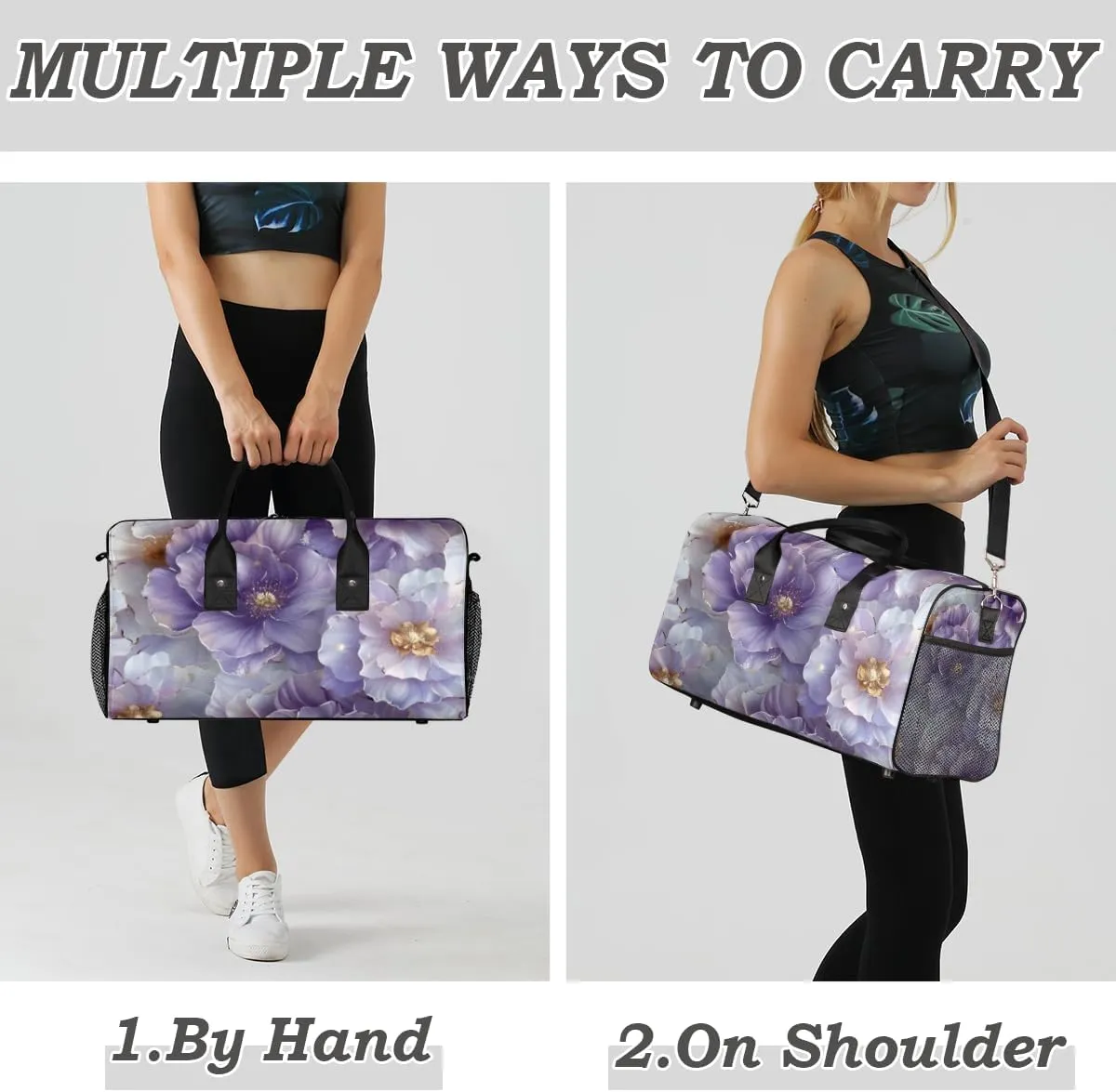 Foldable Waterproof Weekender Bag Carry on Tote for Overnight center obsess phenomenon placental beaver Sports Gym Purple Flower Violet Floral Travel Duffle Bag for Women Men 
