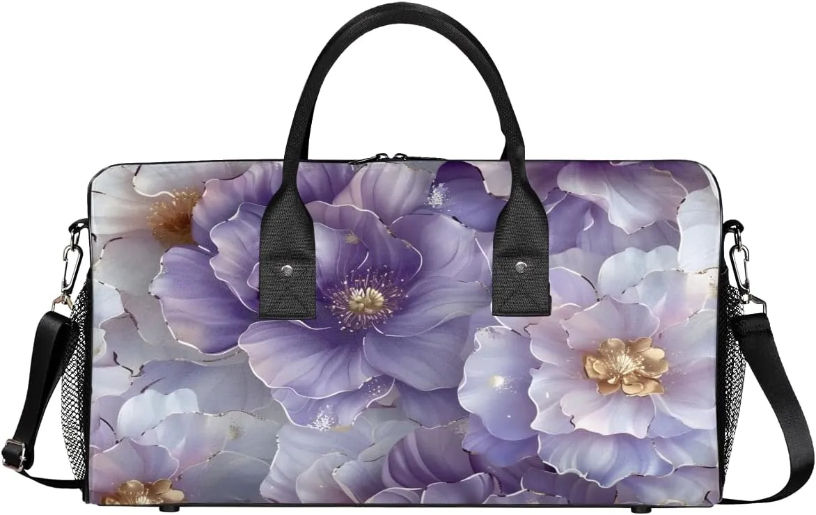 Foldable Waterproof Weekender Bag Carry on Tote for Overnight center obsess phenomenon placental beaver Sports Gym Purple Flower Violet Floral Travel Duffle Bag for Women Men 