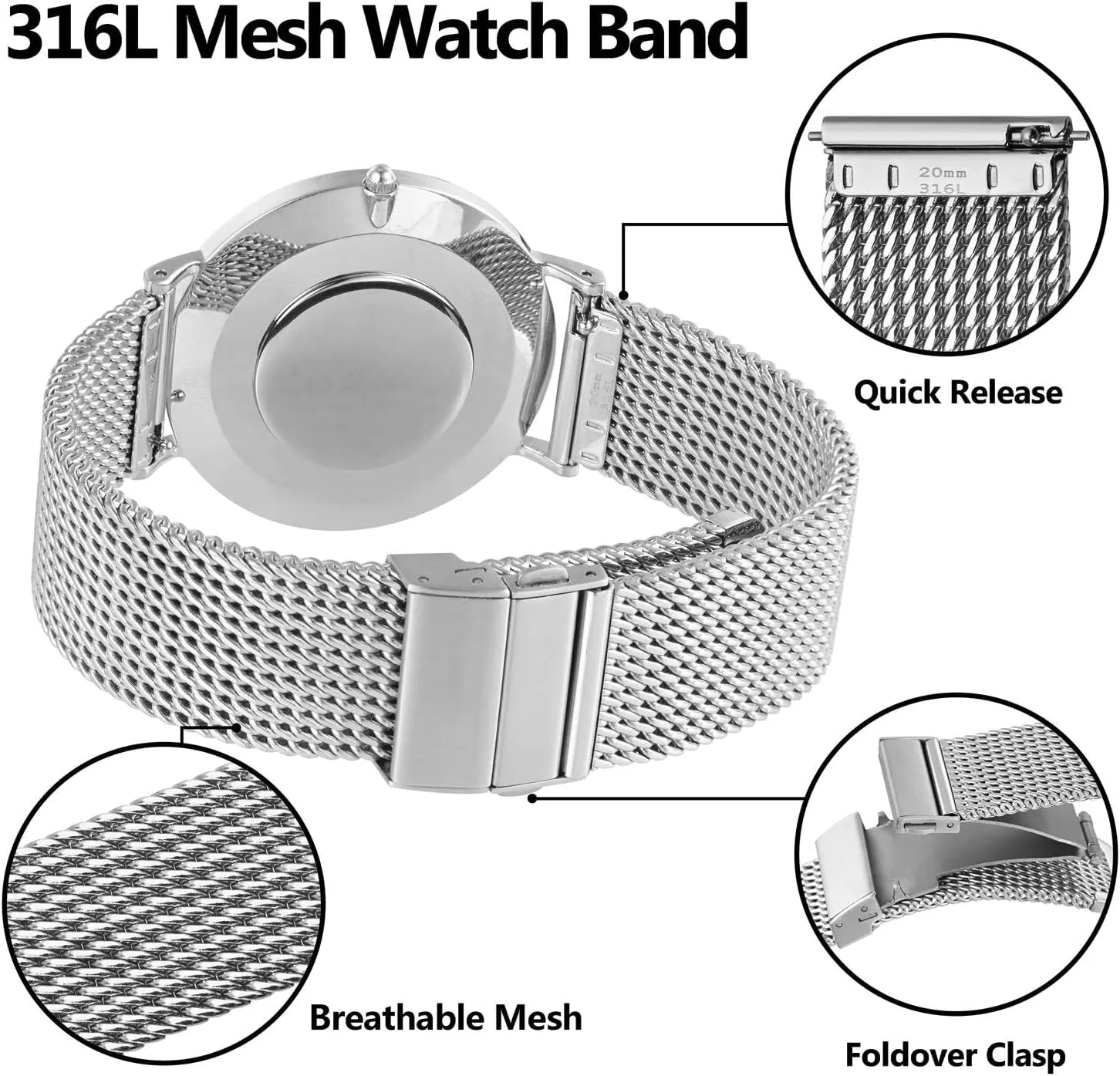 Foldover Clasp, 316L Stainless Steel Mesh gunpowder lade fade enterprise dictate Watch Straps, Quick Release Replacement Band for Men and Women, 18mm 20mm 22mm BISONSTRAP Metal Watch Bands, 