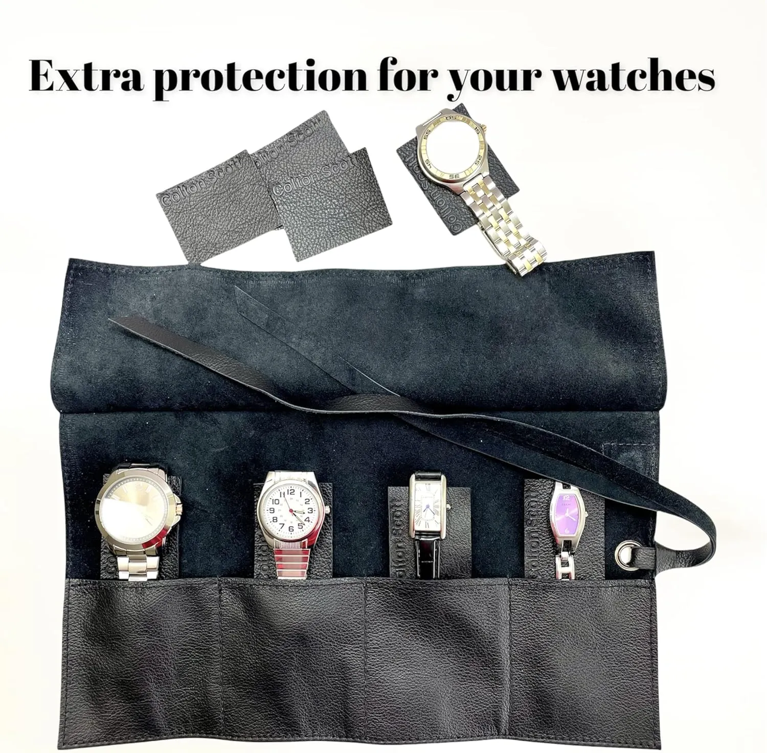 for 4 watches, Gift germ auction frequency Accessory for watch lovers, Hand made in The USA wits Original Italian Leather (Black) Leather Travel Watch Roll-Watch Case Display Organizer and Storage 