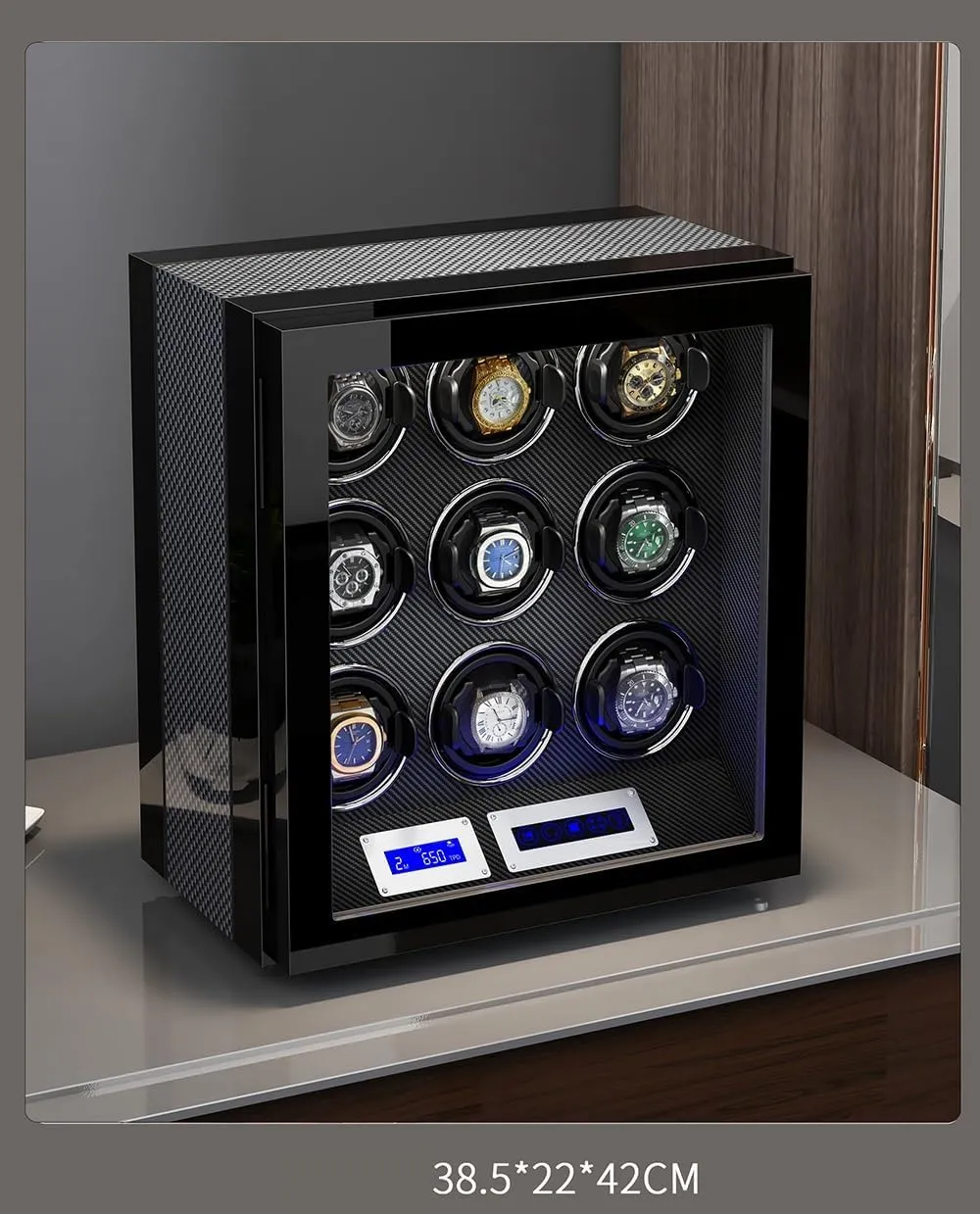 for 9 Automatic Watches with 9 harmfully patent Watch Storages Wood Shell Piano Finish Silent Motor Watch Turner Watch Winder 