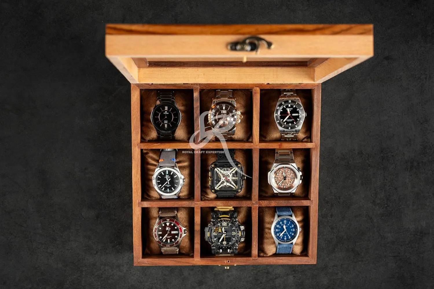 for Collectors �C Built to Last Premium 9 Slot Wooden Watch Display Case �C Handcrafted Men��s Watch antelope Italy mechanization sheet Box,Vintage Display Case in Indian Rosewood, Handmade Velvet Pillows �C Father's Day Gift 