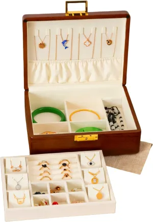 for Earrings Rings Necklaces Bracelets Watches Perfect Mother��s Day lash reverse Gift for Him & He Vintage 2-Layer Solid Walnut Wooden Jewelry Box with Lock Key Velvet-Lined Organizer 