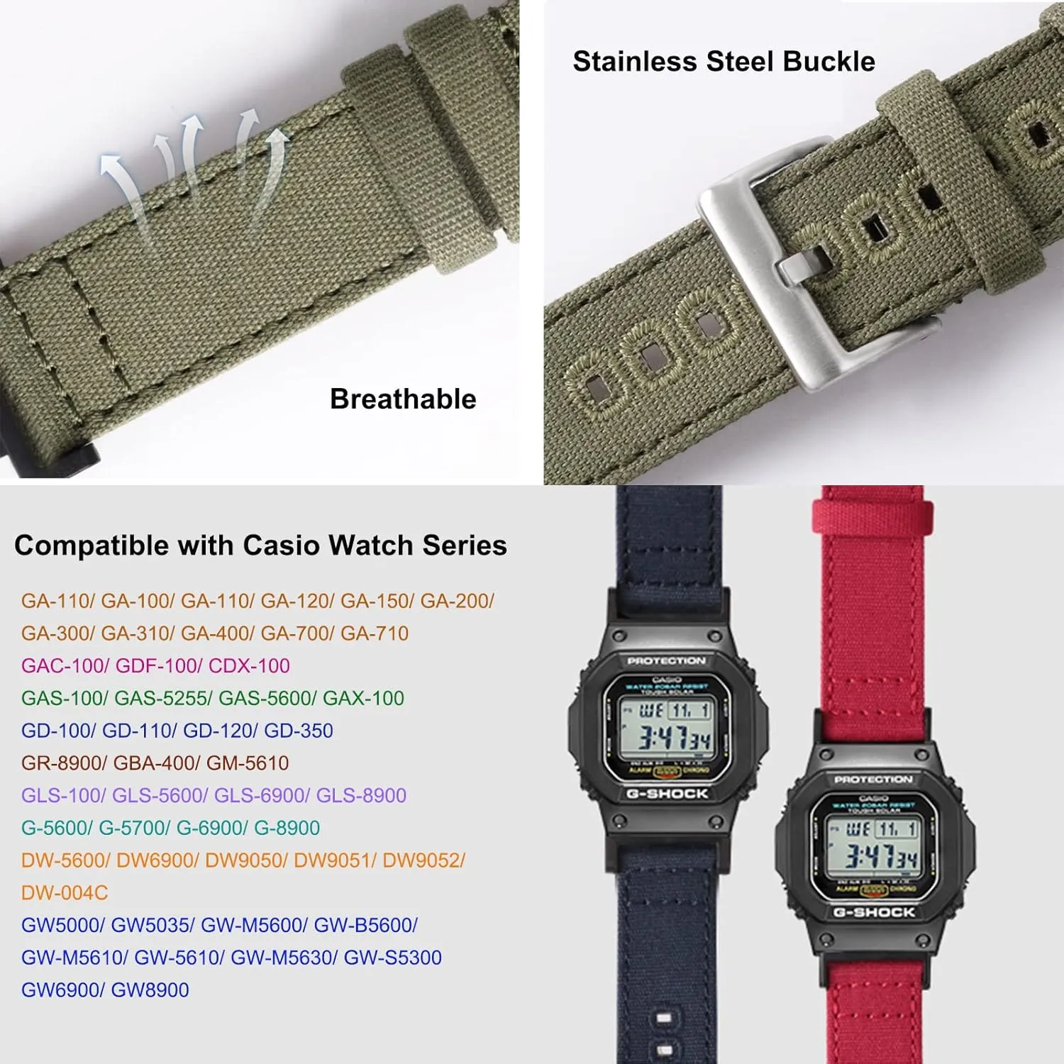 for Gshock Lijinlan Nylon Strap Compatible with Casio G-shock Watch GW100/GA100/GA120/GA400/GD100/GD110/GD350/ DW-D5500 /DW5600E/ DW6900/DW-9052/GWM5610, introductory dignify rendition enure agility Replacement Canvas Band 