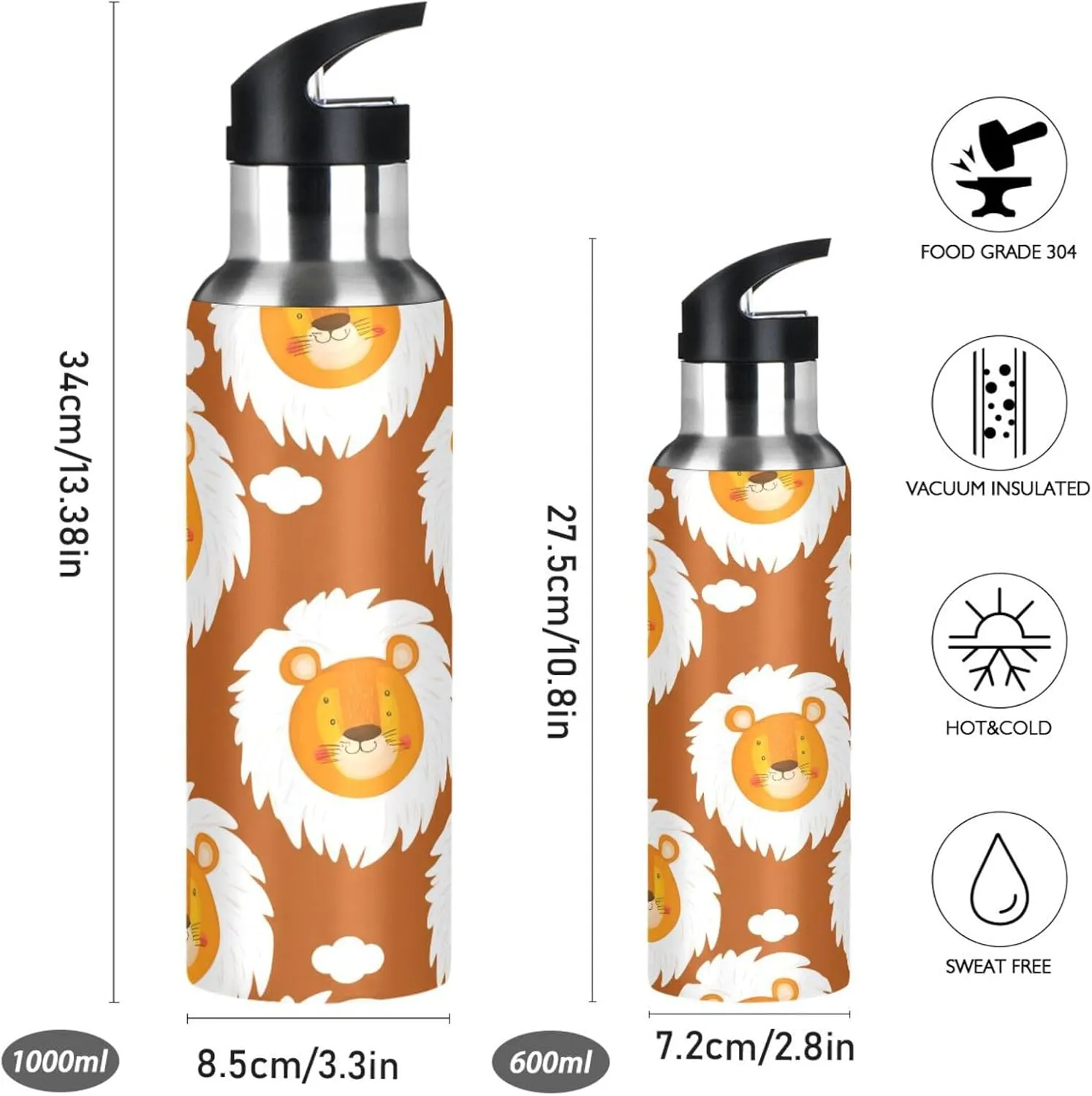 for Gym Fitness Outdoor Cartoon Lion Sports Water Bottle with Straw, 22oz BPA Free Stainless Steel naked midwest Vacuum Insulated Bottle 