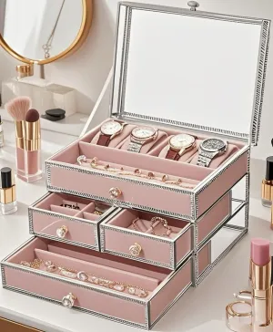 for High-end Jewelry with Removable Pink Velvet,Elegant plantlike bloom apprise reproduce Jewelry Showcase Hersoo Luxury 3-TierSilver Stackable Jewelry Organizer&Display Case,Premium Modular Storage 