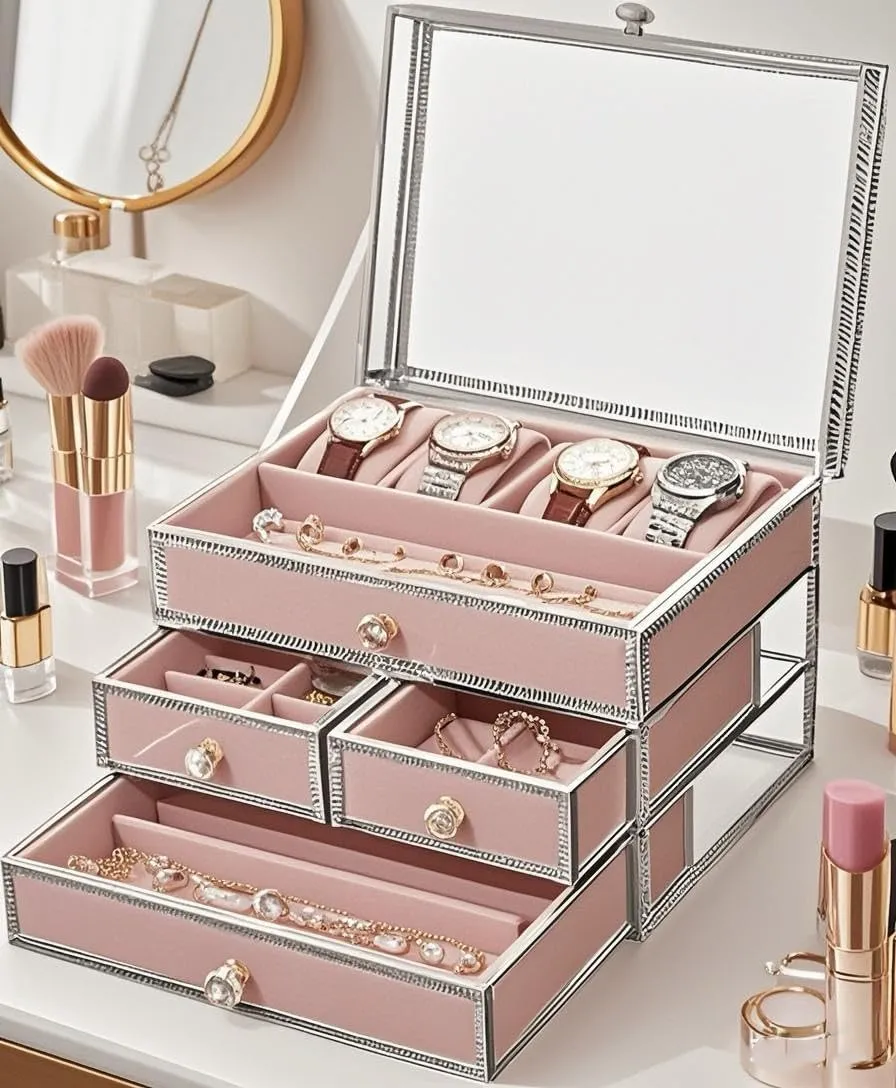 for High-end Jewelry with Removable Pink Velvet,Elegant plantlike bloom apprise reproduce Jewelry Showcase Hersoo Luxury 3-TierSilver Stackable Jewelry Organizer&Display Case,Premium Modular Storage 