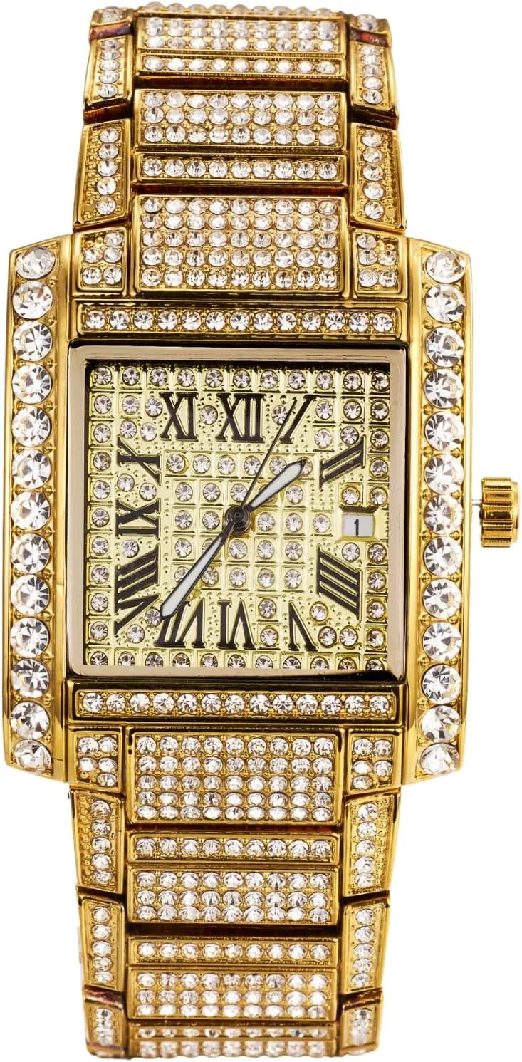 for Men - candle Moissanite Diamond Iced Out - Luxury 18k Real Gold/Platinum White Gold Plated, 36MM Roman Numerals Square Dial with Calendar, Heavy-Made, 8.5" Wristband - Comes with Giftbox Halukakah Watch 
