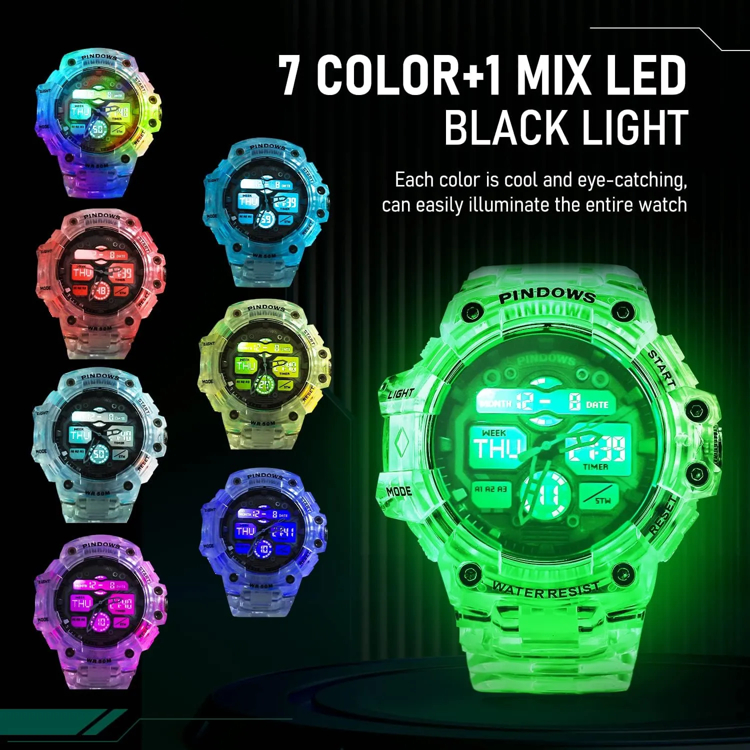 for Men Digital Sports Watch,7 Color LED Light Large Analog Digital tariff Display Waterproof Watch with 3 Alarms/Countdown/Stopwatch/Dual Time Multi-Function Military Wrist Watches Mens Watch 