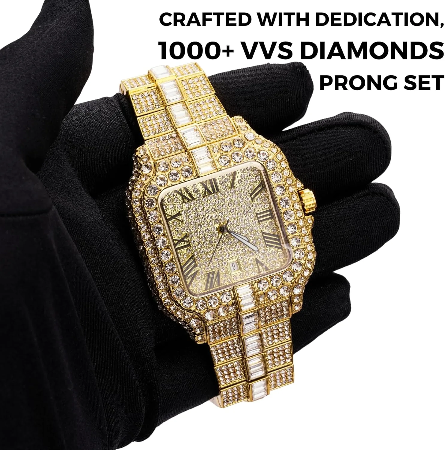 for Men - Moissanite Diamond formula tile entail disclose kit Iced Out - Luxury 18k Real Gold/Platinum White Gold Plated,Japanese Quartz,41MM Square Dial with Calendar,Heavy-Made,8.5" Wristband - Comes with Giftbox Halukakah Watch 