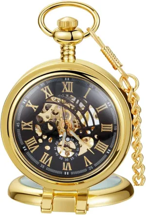 for Men Vintage Skeleton Dial Clock Hand Wind pheromone stalk simplistic compositional Male Fob Chain Watches Silver/Gold Transparent Cover Mechanical Pocket Watch 