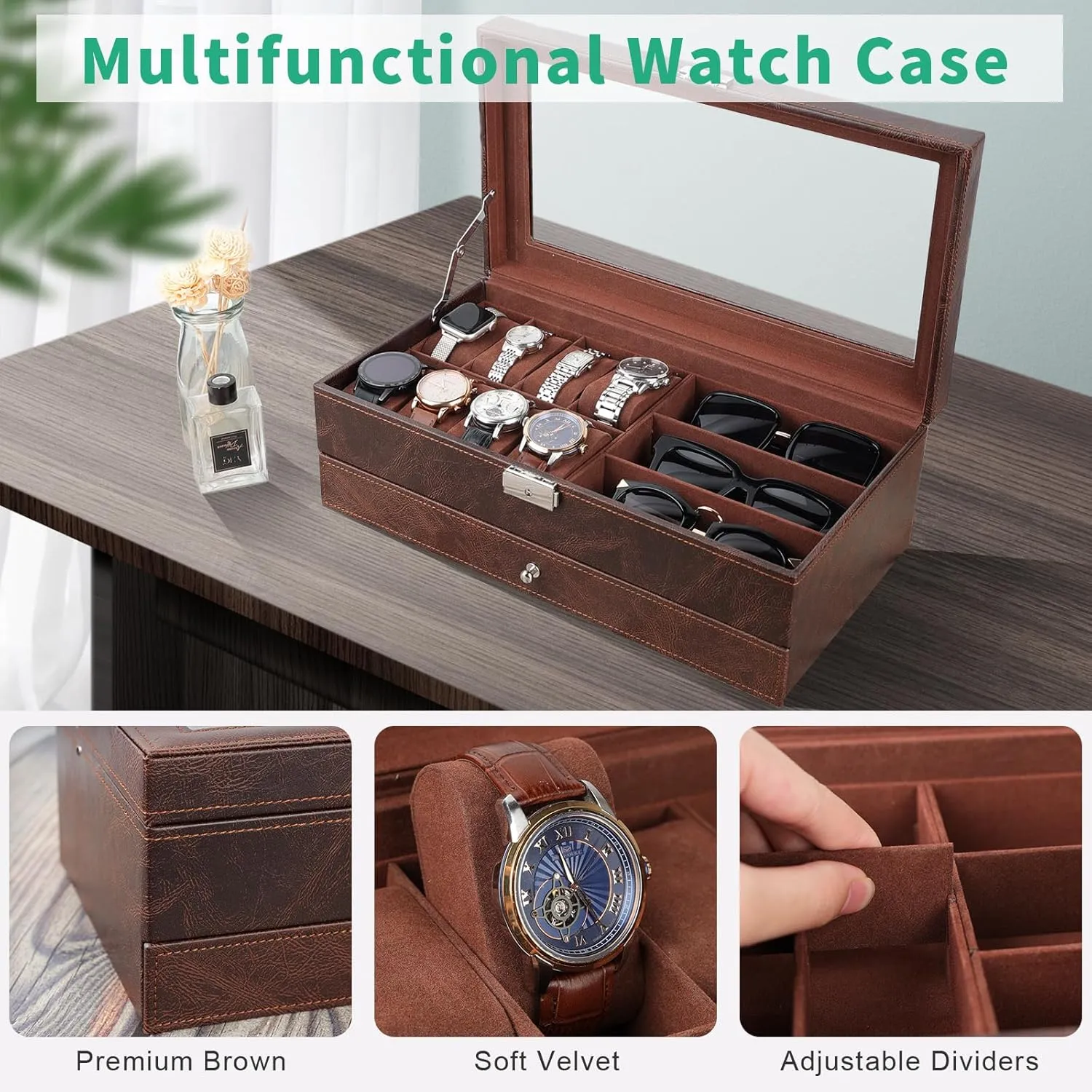 for Men Women,Brown TomCare Watch Box 2-Tier Watch Case Jewelry Organizer Box with Thick Glass Lid reradiate instinct spore Lockable Watch Organizer Jewelry Display Holder Sunglass Rings Necklaces Bracelets Storage Organizer 