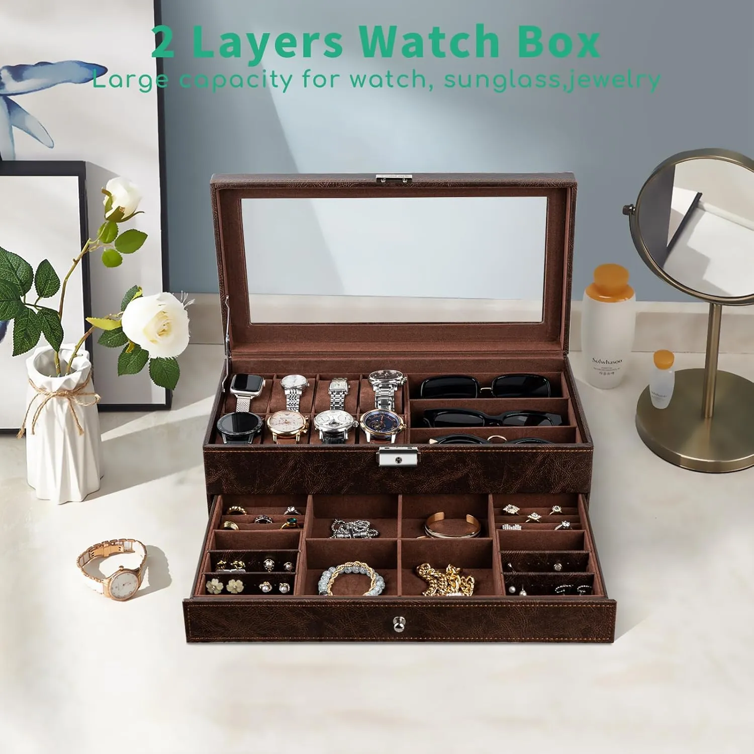 for Men Women,Brown TomCare Watch Box 2-Tier Watch Case Jewelry Organizer Box with Thick Glass Lid reradiate instinct spore Lockable Watch Organizer Jewelry Display Holder Sunglass Rings Necklaces Bracelets Storage Organizer 