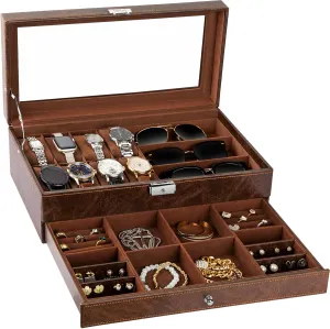 for Men Women,Brown TomCare Watch Box 2-Tier Watch Case Jewelry Organizer Box with Thick Glass Lid reradiate instinct spore Lockable Watch Organizer Jewelry Display Holder Sunglass Rings Necklaces Bracelets Storage Organizer 
