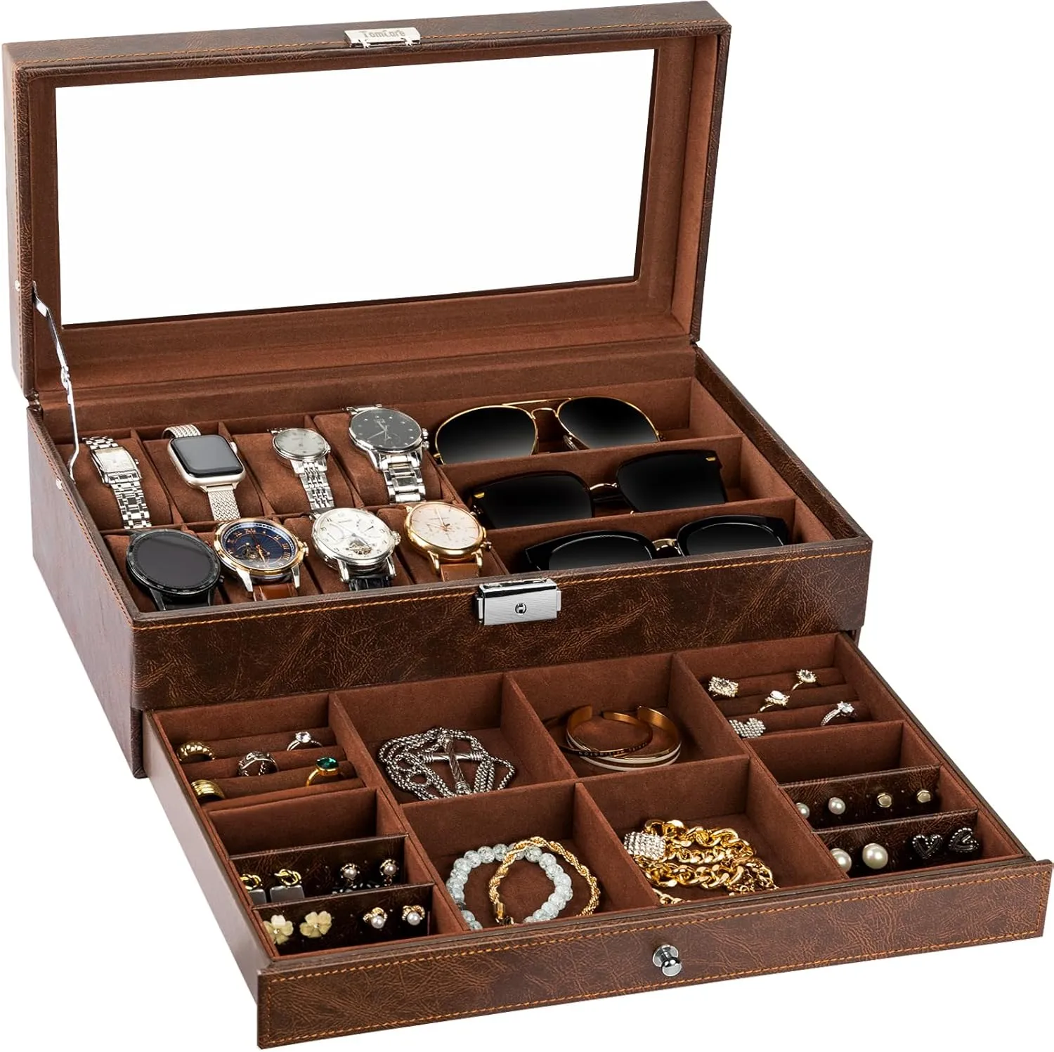 for Men Women,Brown TomCare Watch Box 2-Tier Watch Case Jewelry Organizer Box with Thick Glass Lid reradiate instinct spore Lockable Watch Organizer Jewelry Display Holder Sunglass Rings Necklaces Bracelets Storage Organizer 