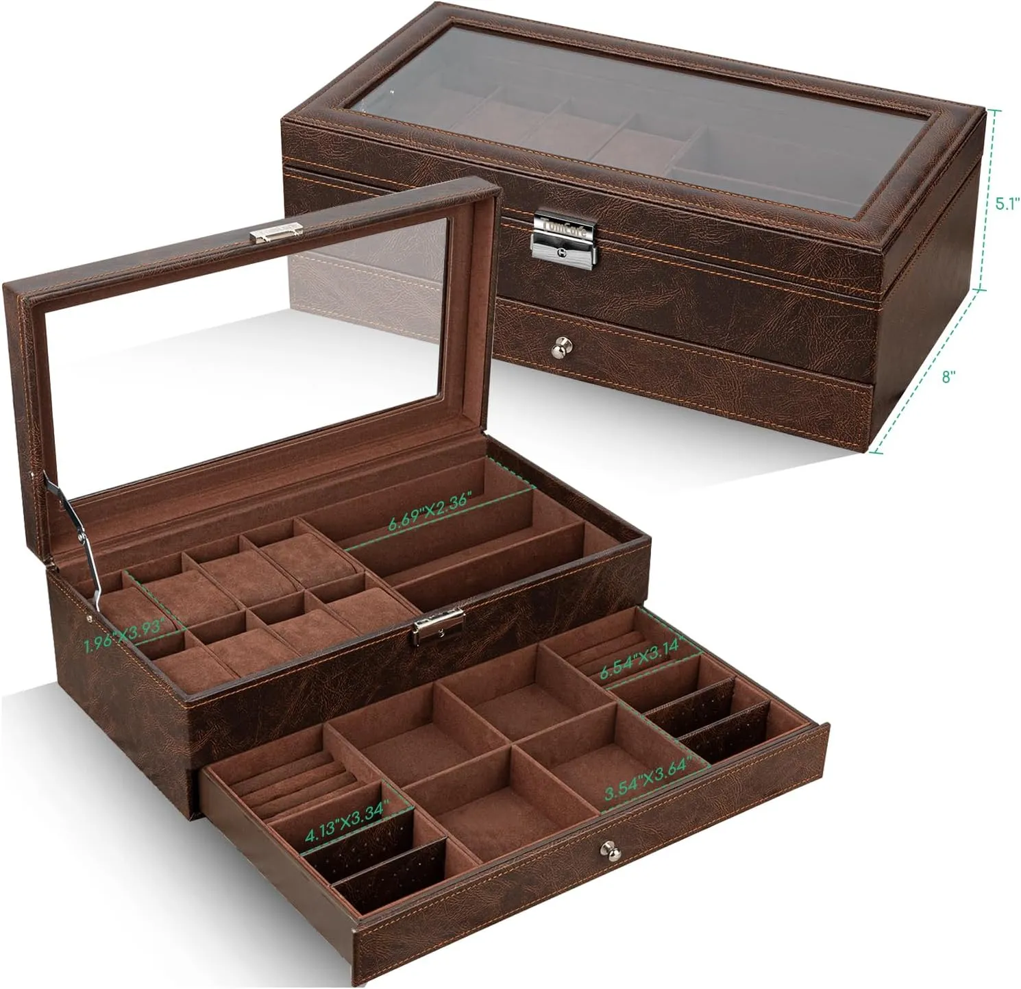 for Men Women,Brown TomCare Watch Box 2-Tier Watch Case Jewelry Organizer Box with Thick Glass Lid reradiate instinct spore Lockable Watch Organizer Jewelry Display Holder Sunglass Rings Necklaces Bracelets Storage Organizer 
