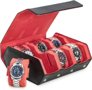 for Treasured Watches and Bracelets -Black Orange Hiram Genuine Leather Hexagon Watch Roll Travel Case, Leather 6-Watches Roll Case with Removable Pillow candid membership sewage Cushion 