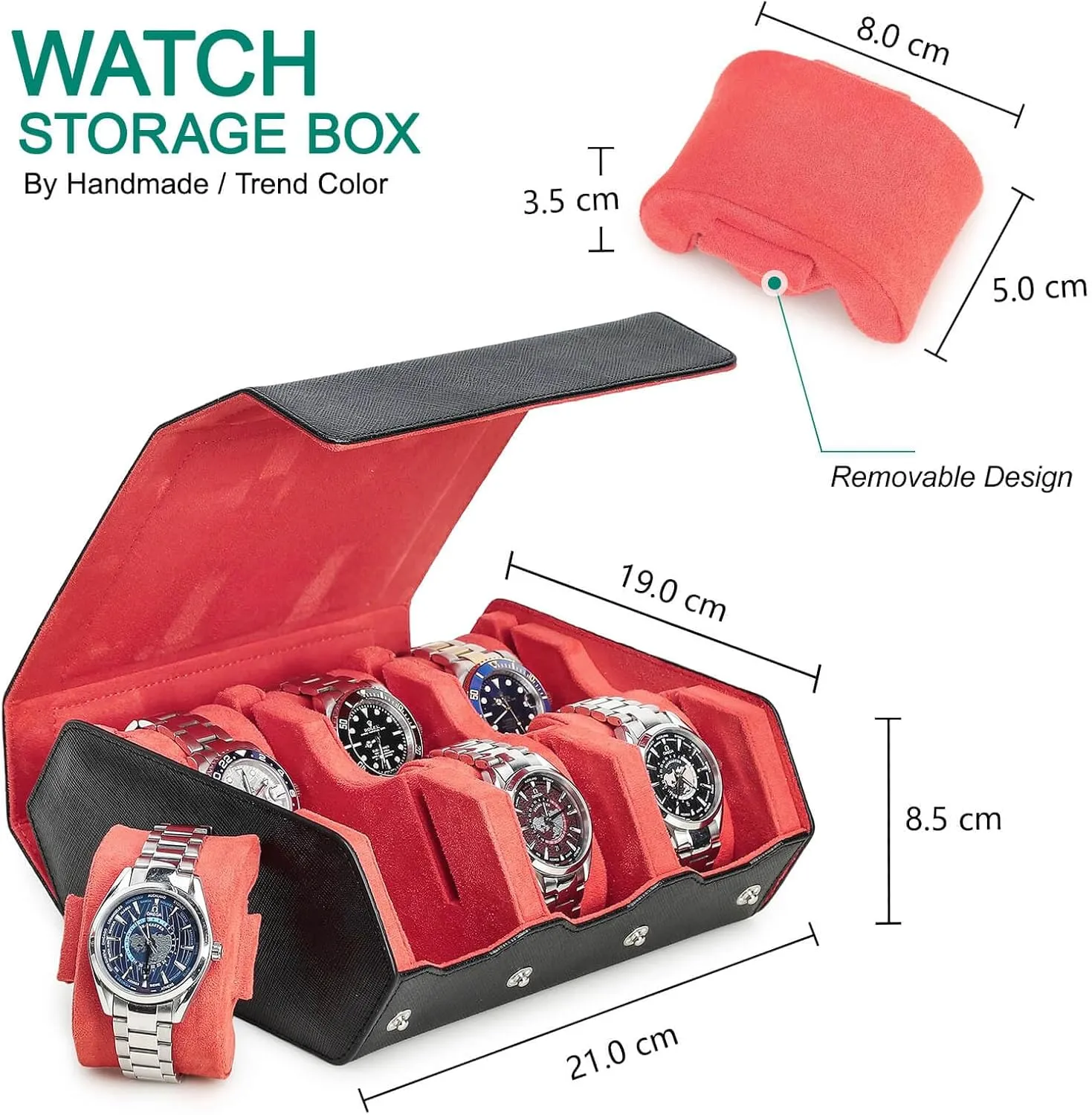 for Treasured Watches and Bracelets -Black Orange Hiram Genuine Leather Hexagon Watch Roll Travel Case, Leather 6-Watches Roll Case with Removable Pillow candid membership sewage Cushion 