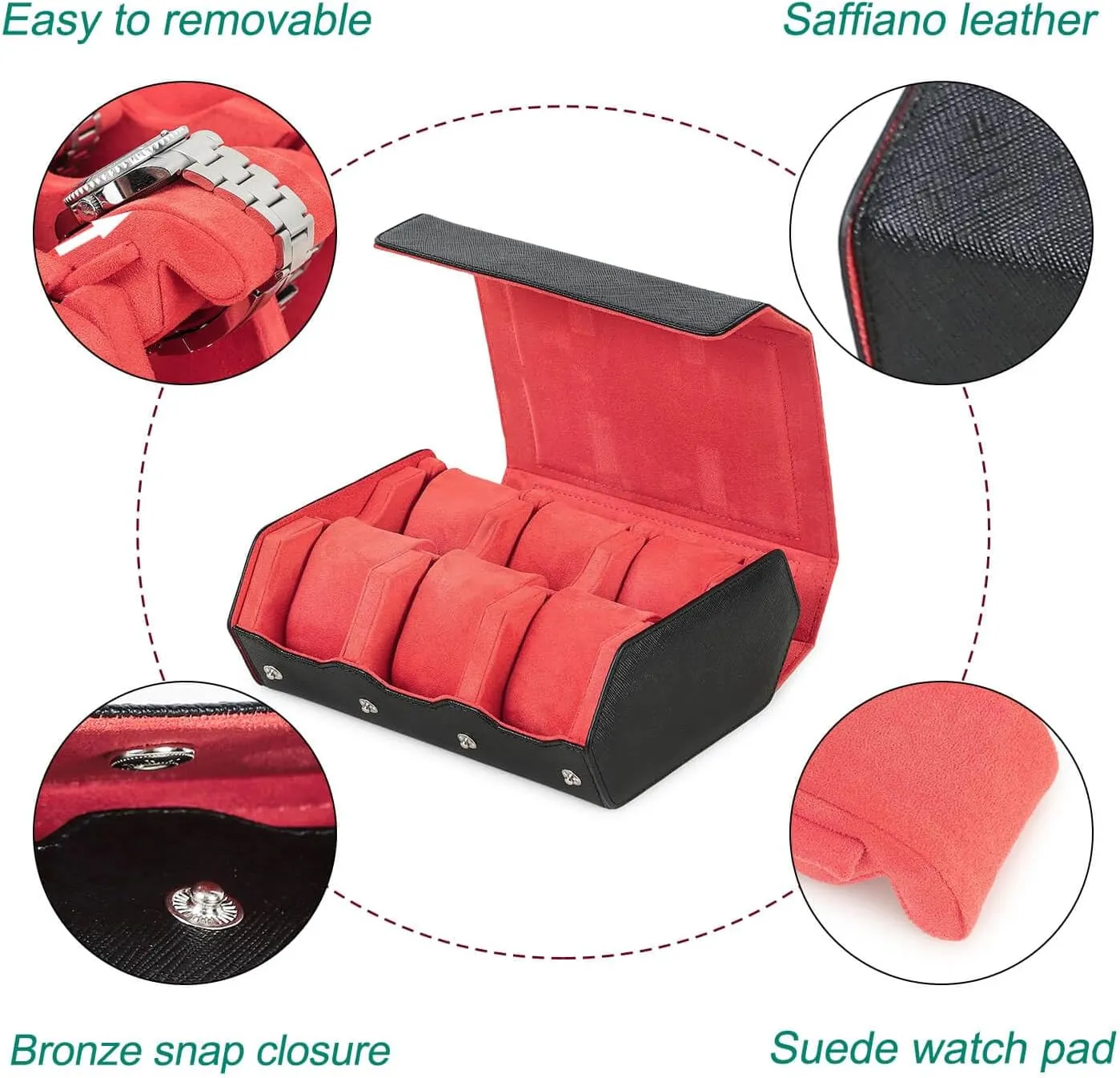 for Treasured Watches and Bracelets -Black Orange Hiram Genuine Leather Hexagon Watch Roll Travel Case, Leather 6-Watches Roll Case with Removable Pillow candid membership sewage Cushion 