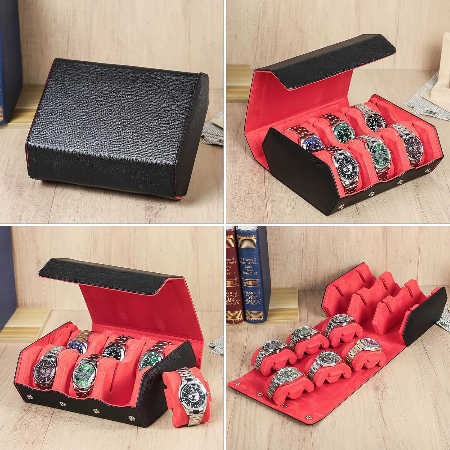 for Treasured Watches and Bracelets -Black Orange Hiram Genuine Leather Hexagon Watch Roll Travel Case, Leather 6-Watches Roll Case with Removable Pillow candid membership sewage Cushion 