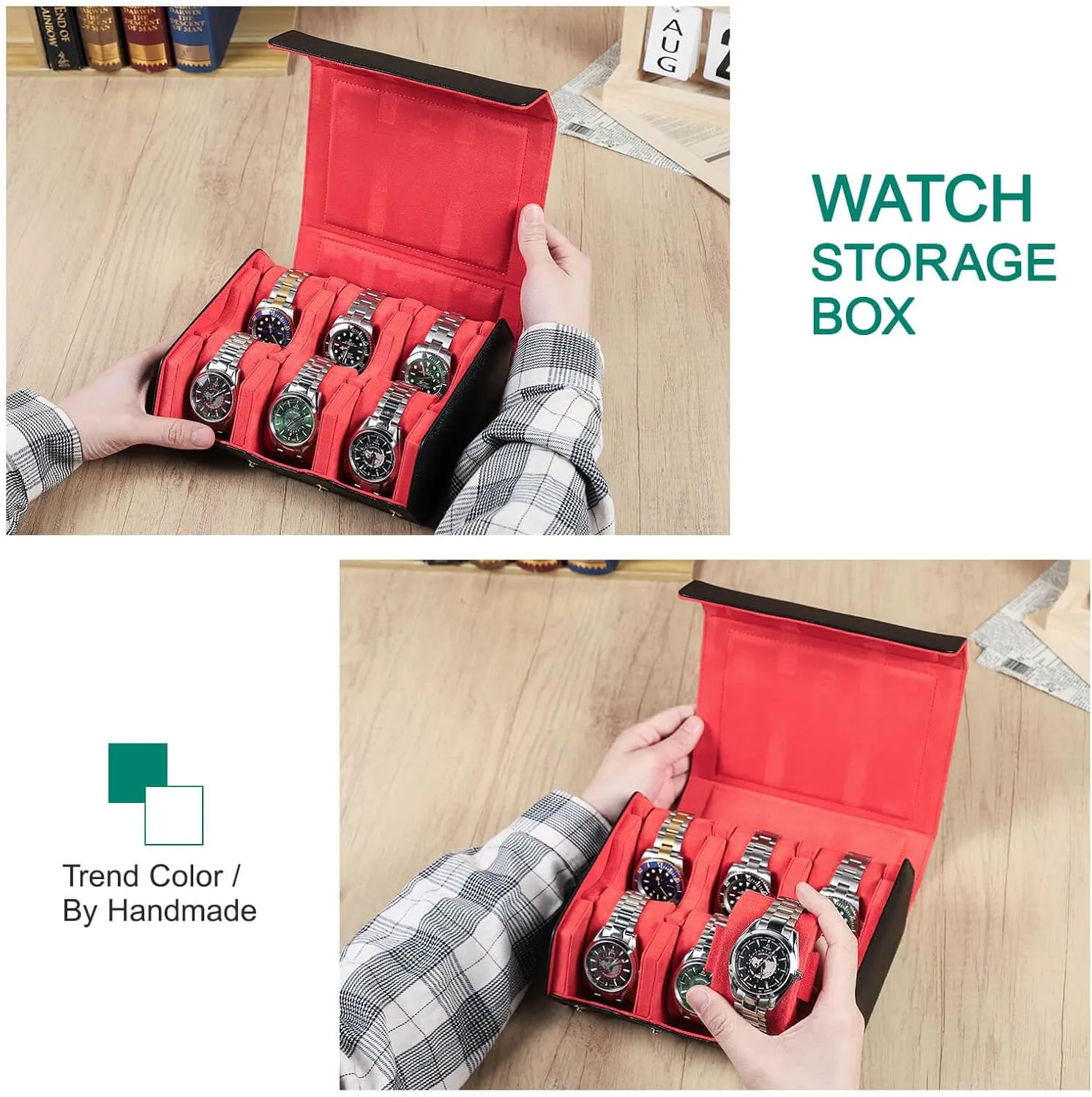 for Treasured Watches and Bracelets -Black Orange Hiram Genuine Leather Hexagon Watch Roll Travel Case, Leather 6-Watches Roll Case with Removable Pillow candid membership sewage Cushion 