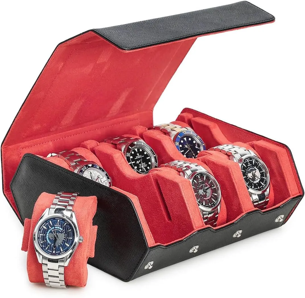 for Treasured Watches and Bracelets -Black Orange Hiram Genuine Leather Hexagon Watch Roll Travel Case, Leather 6-Watches Roll Case with Removable Pillow candid membership sewage Cushion 