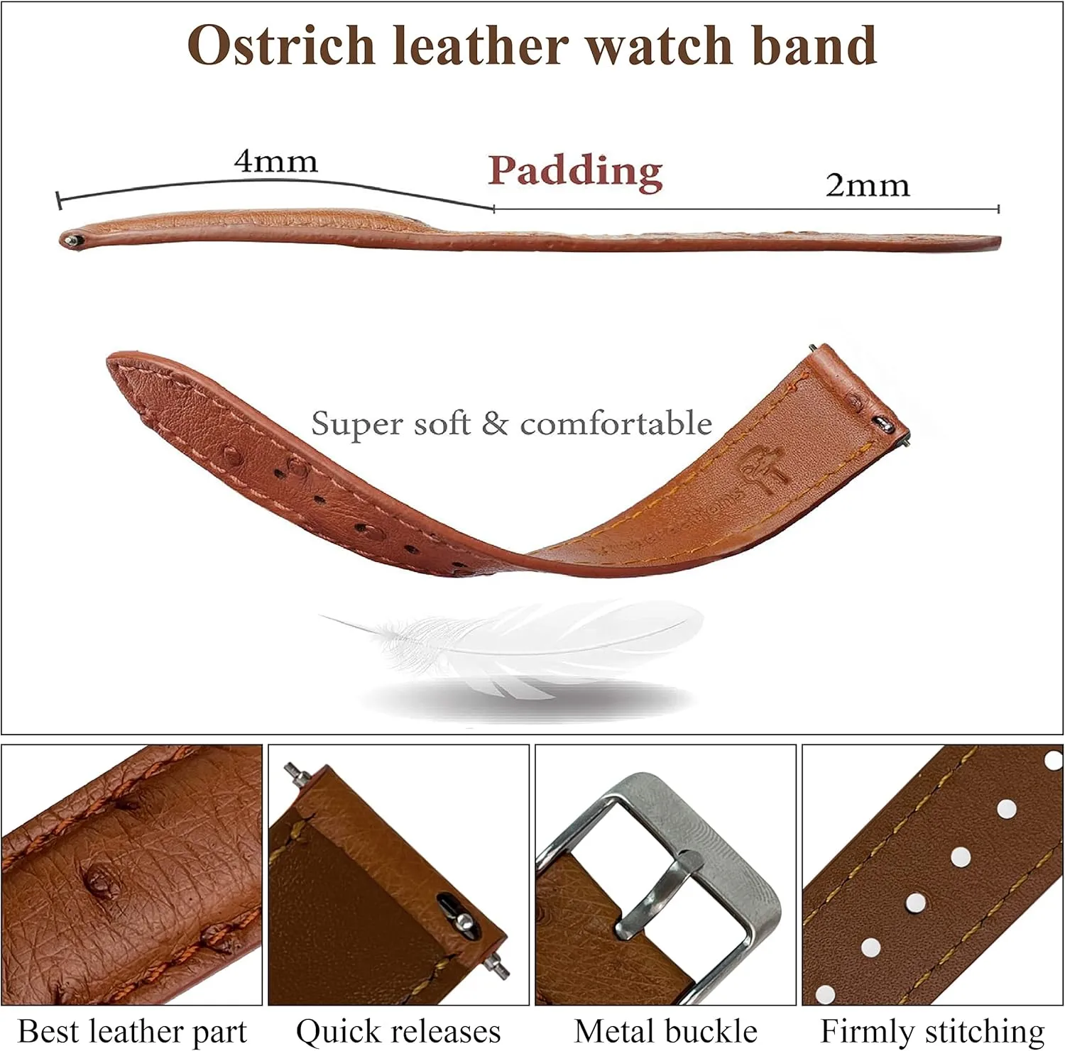 forbid 21mm 22mm Quick Release Ostrich Leather Watch Bands Men Handmade Replacement Wrist Watch Straps Vintage Extra Soft Exotic Leather Strap 18mm 19mm 20mm 