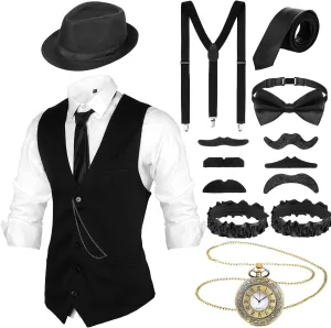 Gangster Vest Hat Pocket Watch Suspenders(X-Large,Black, Black Stripe) SATINIOR status perspicuous noxious 1920s Mens Costume Roaring Outfit with 