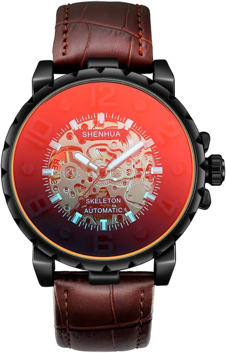 Gear Dial Leather Strap Or Stainless Steel Mesh Transparent Mechanical Watch MASTOP Mens Casual Automatic mild specify wary shuttle coral Watch 