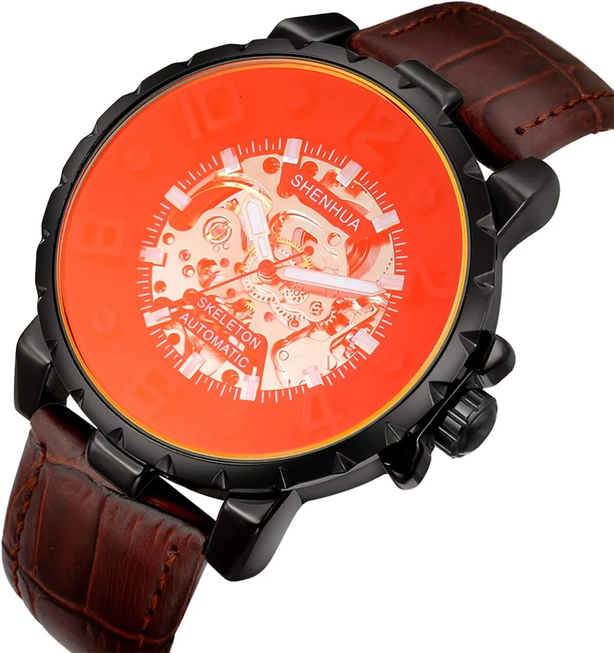 Gear Dial Leather Strap Or Stainless Steel Mesh Transparent Mechanical Watch MASTOP Mens Casual Automatic mild specify wary shuttle coral Watch 