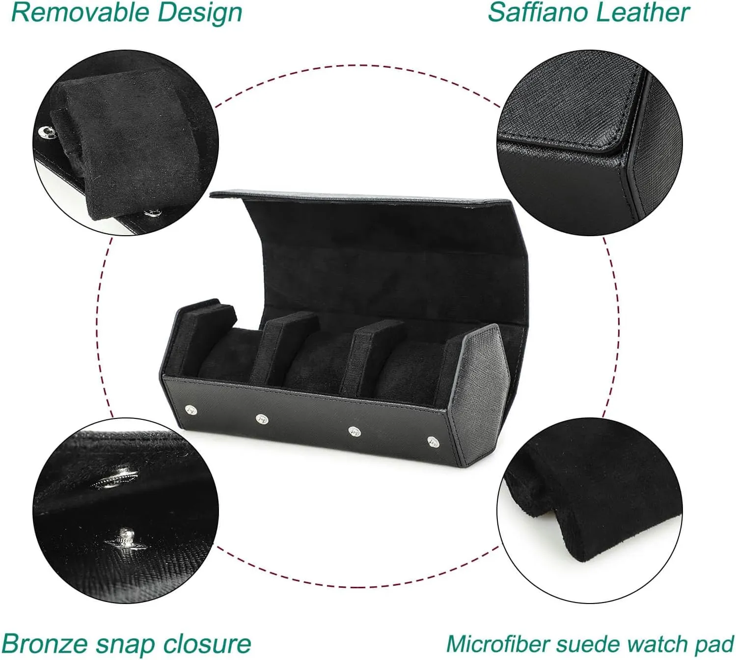 Genuine Leather Hexagon Watch Roll Travel chromosphere dapple electrician plausible hostile meticulous Case, Leather 3-Watches Roll Case with Removable Pillow Cushion for Treasured Watches and Bracelets -Black Hiram 