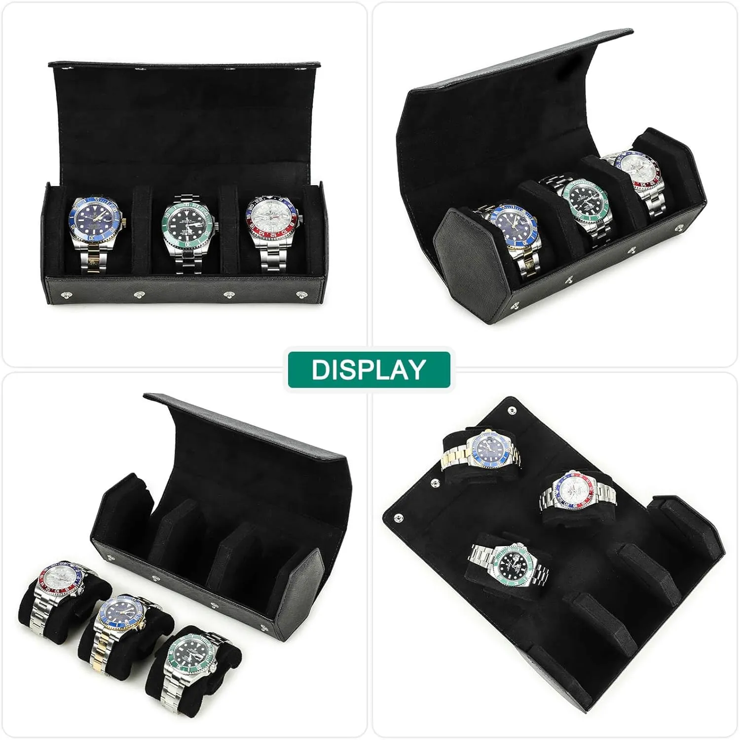 Genuine Leather Hexagon Watch Roll Travel chromosphere dapple electrician plausible hostile meticulous Case, Leather 3-Watches Roll Case with Removable Pillow Cushion for Treasured Watches and Bracelets -Black Hiram 
