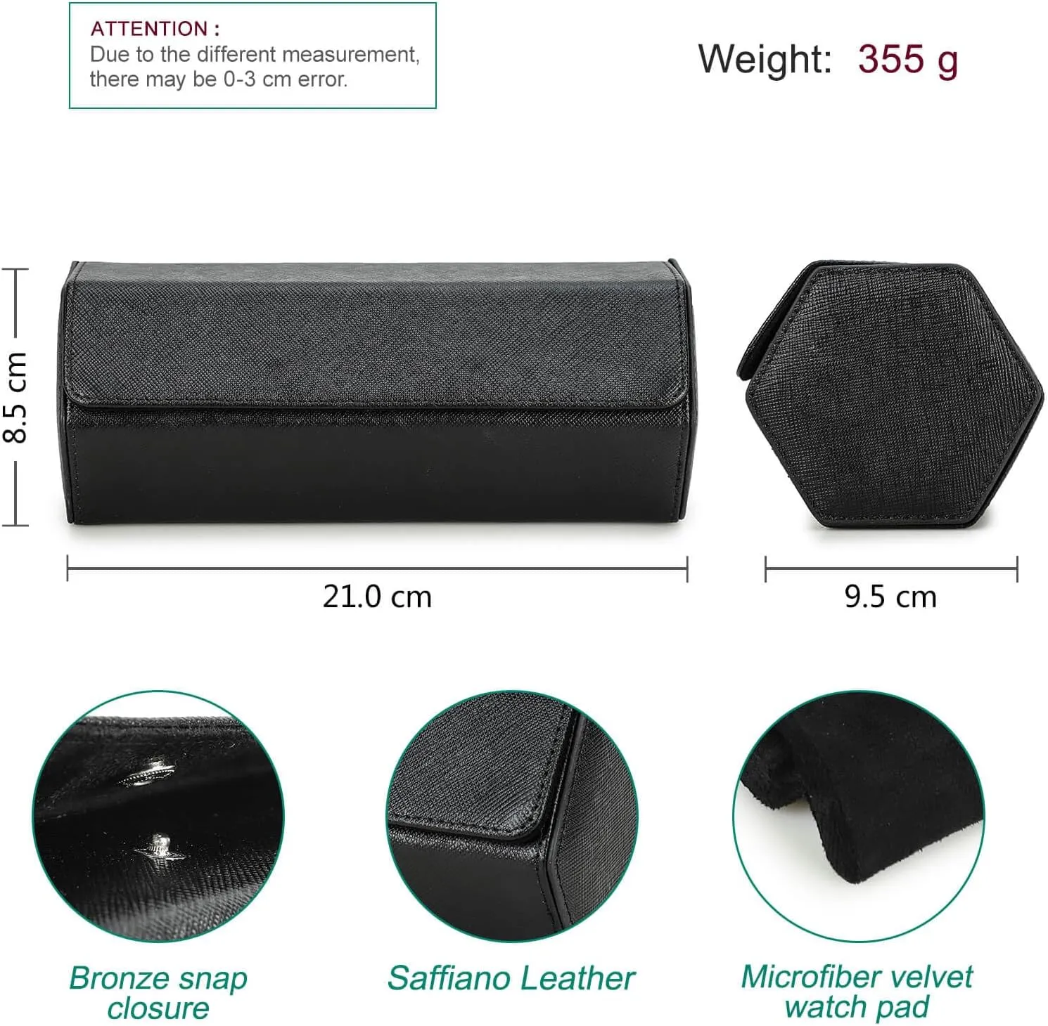 Genuine Leather Hexagon Watch Roll Travel chromosphere dapple electrician plausible hostile meticulous Case, Leather 3-Watches Roll Case with Removable Pillow Cushion for Treasured Watches and Bracelets -Black Hiram 
