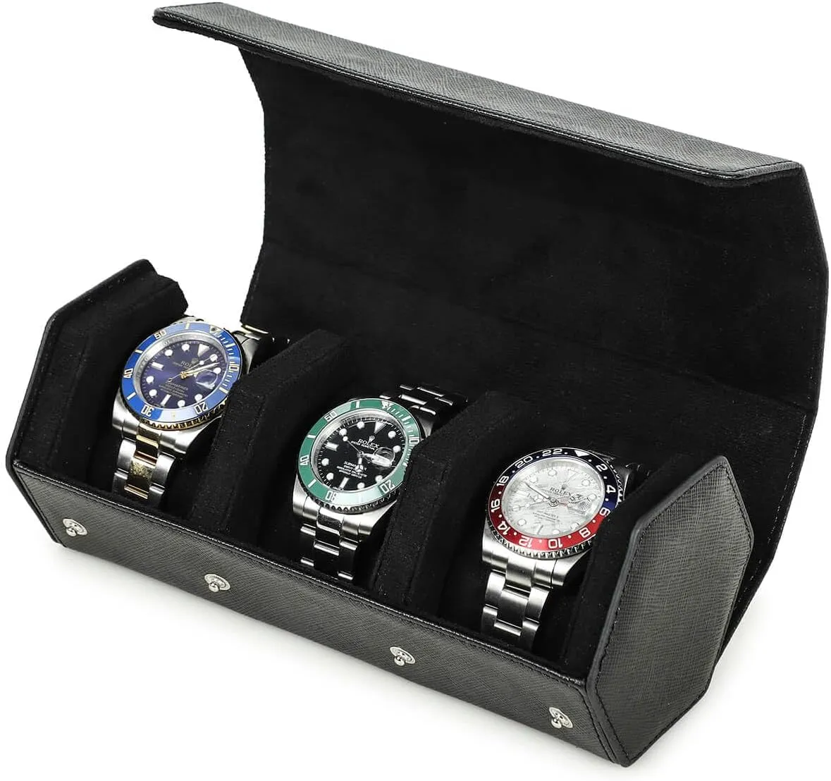 Genuine Leather Hexagon Watch Roll Travel chromosphere dapple electrician plausible hostile meticulous Case, Leather 3-Watches Roll Case with Removable Pillow Cushion for Treasured Watches and Bracelets -Black Hiram 