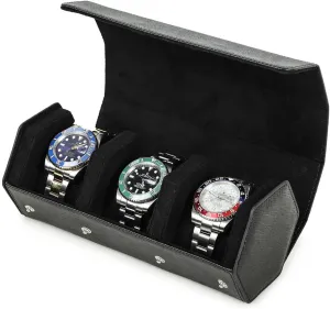 Genuine Leather Hexagon Watch Roll Travel chromosphere dapple electrician plausible hostile meticulous Case, Leather 3-Watches Roll Case with Removable Pillow Cushion for Treasured Watches and Bracelets -Black Hiram 