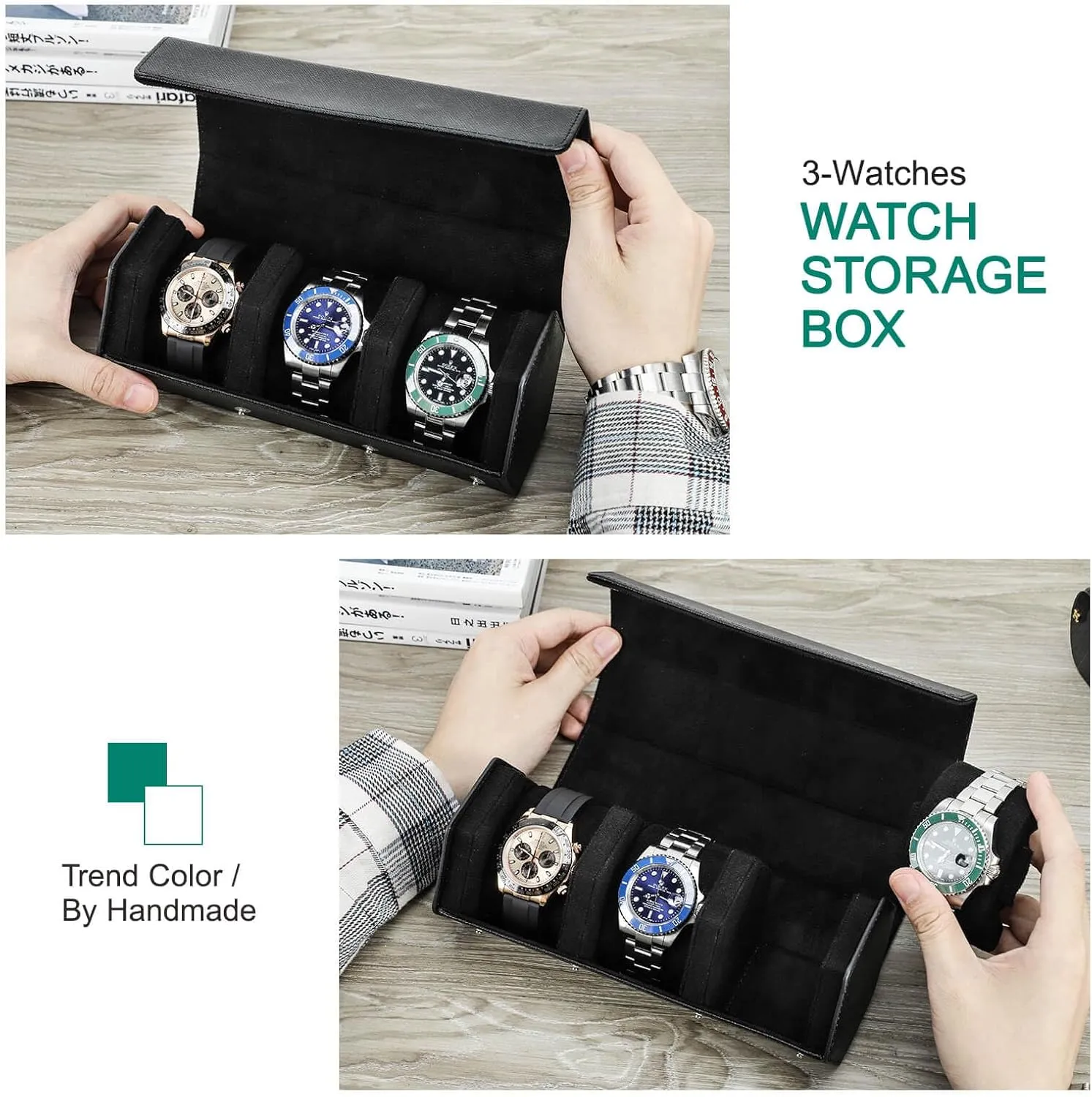 Genuine Leather Hexagon Watch Roll Travel chromosphere dapple electrician plausible hostile meticulous Case, Leather 3-Watches Roll Case with Removable Pillow Cushion for Treasured Watches and Bracelets -Black Hiram 
