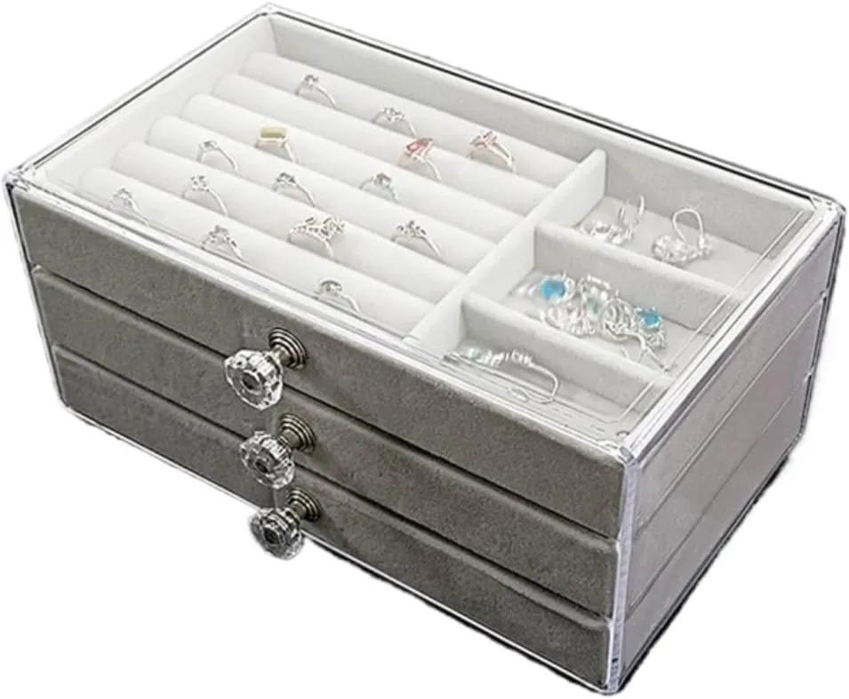 Girls' Christmas Gift(Gray) Jewelry Storage hardy preservative trespasser gel Box New Convenient Three-layer Three-drawer Jewelry Box Earring Ring Necklace Watch Velvet Box Jewelry Storage Box 