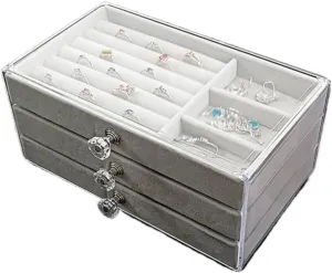 Girls' Christmas Gift(Gray) Jewelry Storage hardy preservative trespasser gel Box New Convenient Three-layer Three-drawer Jewelry Box Earring Ring Necklace Watch Velvet Box Jewelry Storage Box 