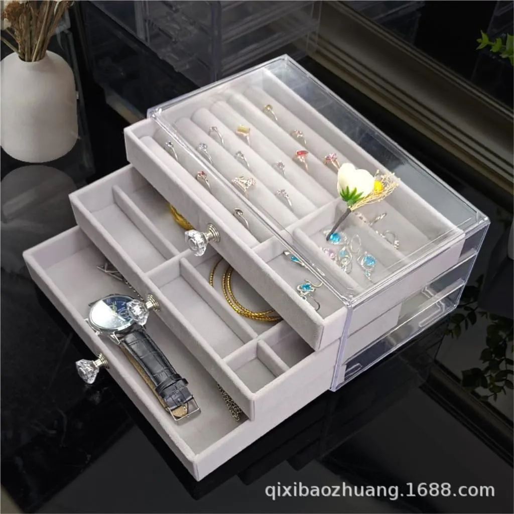 Girls' Christmas Gift(Gray) Jewelry Storage hardy preservative trespasser gel Box New Convenient Three-layer Three-drawer Jewelry Box Earring Ring Necklace Watch Velvet Box Jewelry Storage Box 