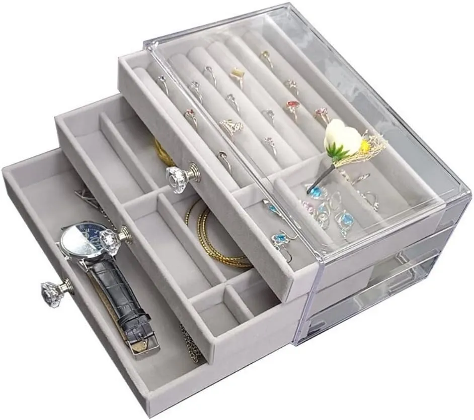Girls' Christmas Gift(Gray) Jewelry Storage hardy preservative trespasser gel Box New Convenient Three-layer Three-drawer Jewelry Box Earring Ring Necklace Watch Velvet Box Jewelry Storage Box 