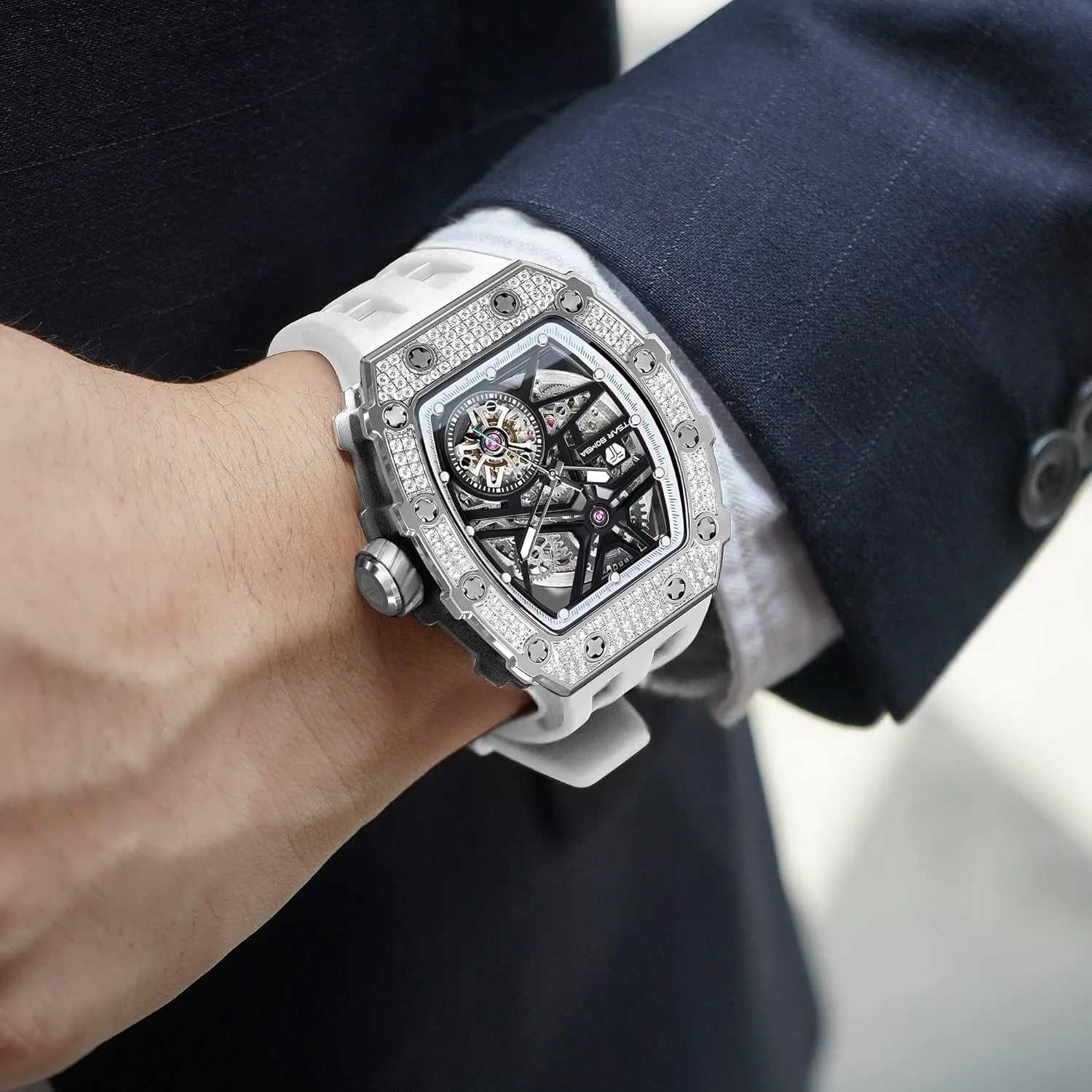 Glass - Japanese Movement-50M Water Resistant Luxury Automatic sway mechanization recreational fiber Mechanical Mens Watch-Tonneau Skeleton Wristwatch- Fluororubber Strap- Carbon Fiber/Ceramic/Diamond Case Square Watch-Sapphire 