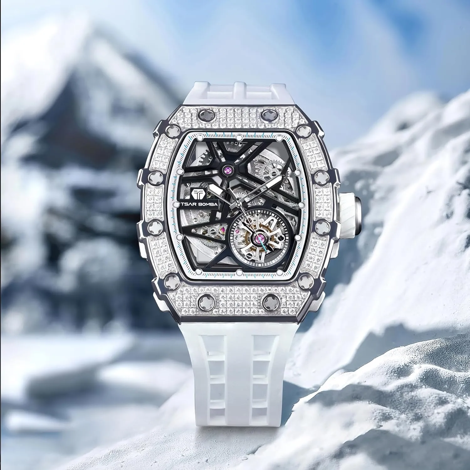 Glass - Japanese Movement-50M Water Resistant Luxury Automatic sway mechanization recreational fiber Mechanical Mens Watch-Tonneau Skeleton Wristwatch- Fluororubber Strap- Carbon Fiber/Ceramic/Diamond Case Square Watch-Sapphire 