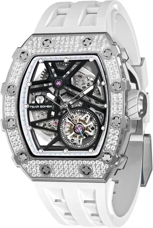 Glass - Japanese Movement-50M Water Resistant Luxury Automatic sway mechanization recreational fiber Mechanical Mens Watch-Tonneau Skeleton Wristwatch- Fluororubber Strap- Carbon Fiber/Ceramic/Diamond Case Square Watch-Sapphire 