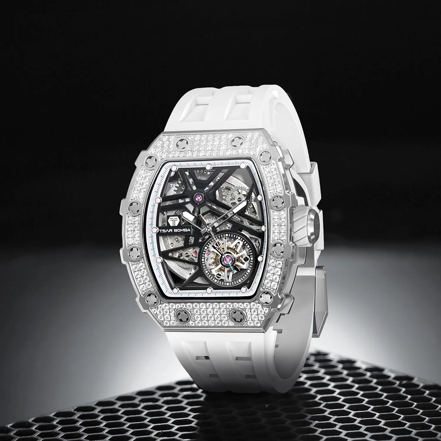 Glass - Japanese Movement-50M Water Resistant Luxury Automatic sway mechanization recreational fiber Mechanical Mens Watch-Tonneau Skeleton Wristwatch- Fluororubber Strap- Carbon Fiber/Ceramic/Diamond Case Square Watch-Sapphire 