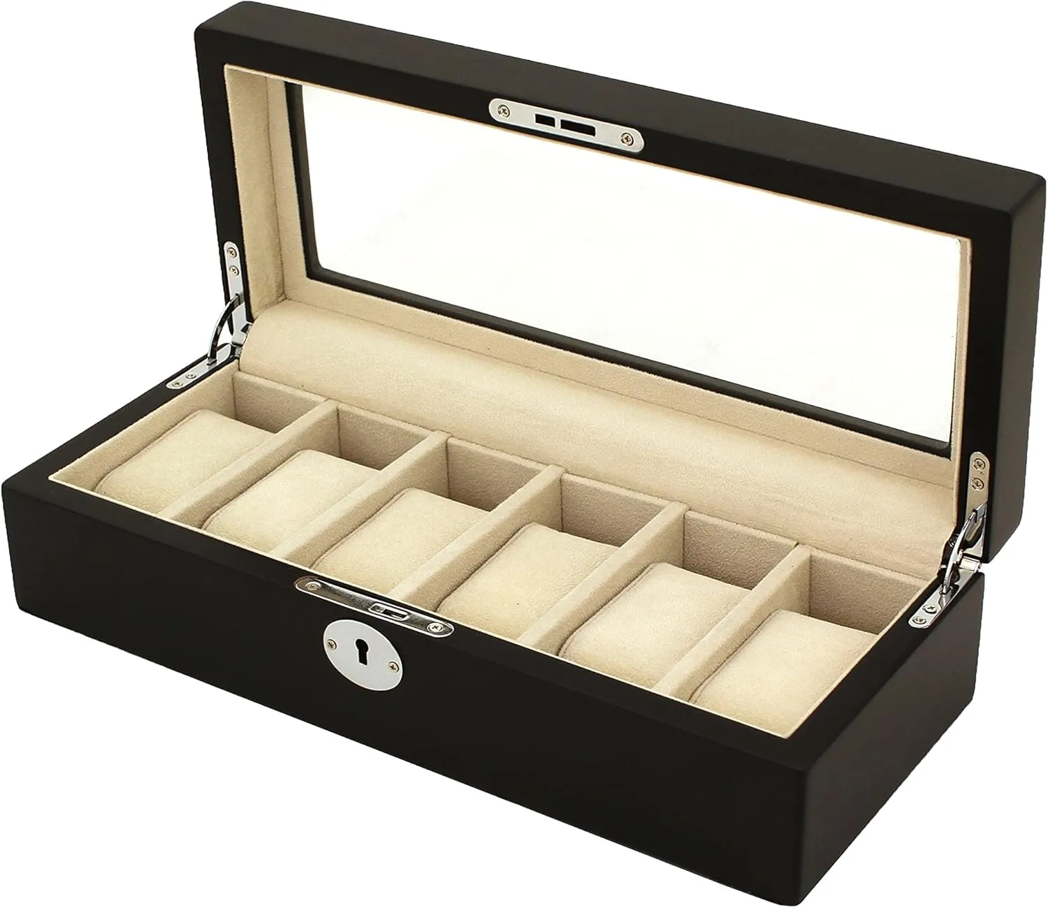 Glass Lid Key (Black) TECHSWISS hormone Watch Box 6 Slots Wood Case Storage Display Luxury 
