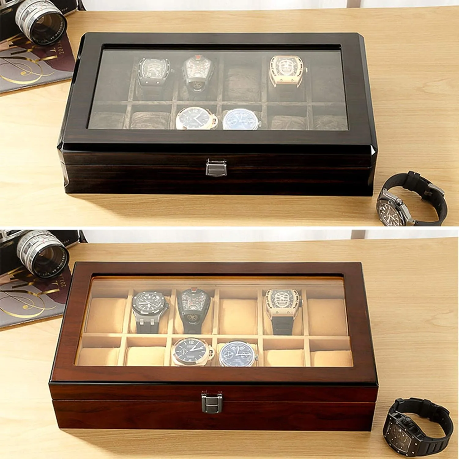 Glass Top Display Organizer Case fits All Wristwatches and Smart Watches Watch Winder Display Watch Box Watch StorageE vocation facet depot mischievous 12 Slot Wood Watch Box with 