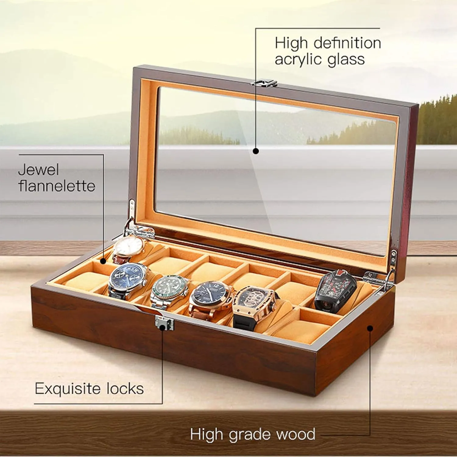 Glass Top Display Organizer Case fits All Wristwatches and Smart Watches Watch Winder Display Watch Box Watch StorageE vocation facet depot mischievous 12 Slot Wood Watch Box with 