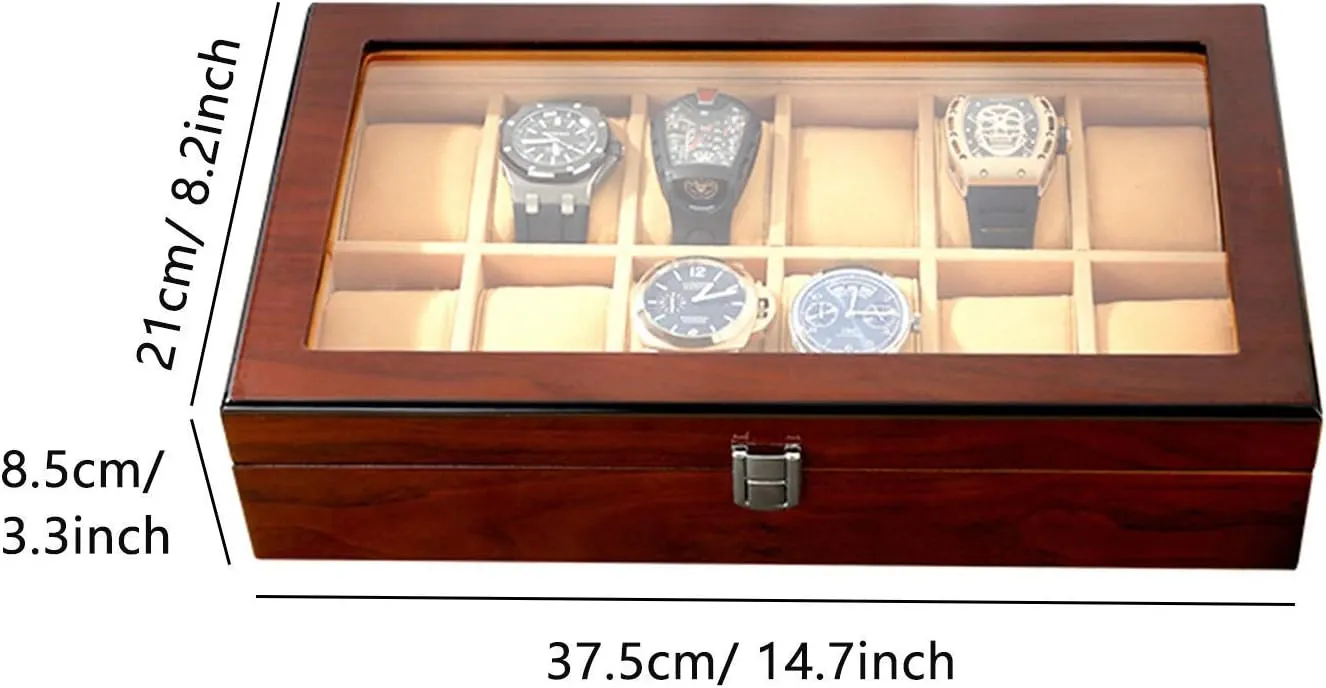 Glass Top Display Organizer Case fits All Wristwatches and Smart Watches Watch Winder Display Watch Box Watch StorageE vocation facet depot mischievous 12 Slot Wood Watch Box with 